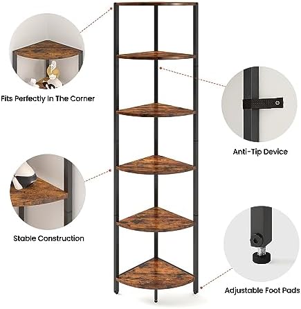 6 Tier Corner Shelf , Tall Corner Shelves stand Ladder Shelf Rustic Brown