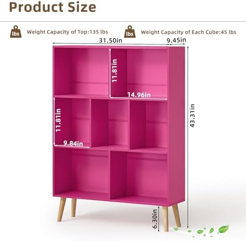 LEYAOYAO Cube Bookshelf, Mid-Century Modern Book Shelf with Legs, Pink