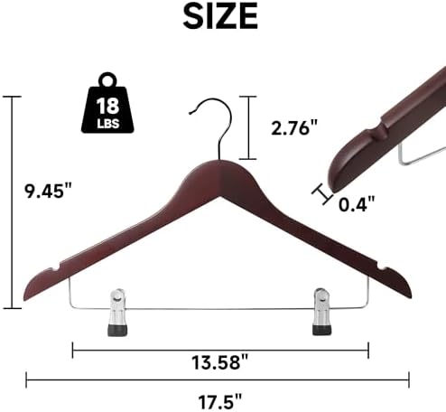 Wooden Hangers with Adjustable Metal Clips, 12-Pack, Dark Cherry