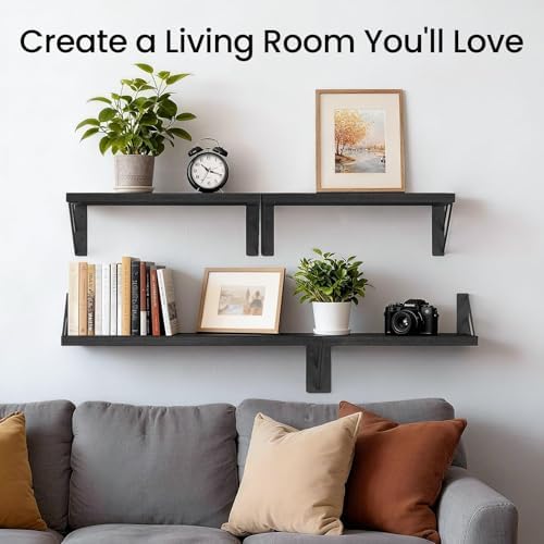 BAYKA Wall Mounted Floating Shelves (Black, Set of 3, 16" Mixed)