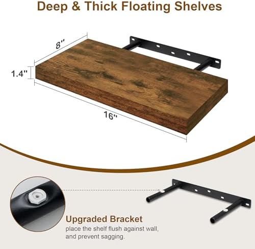 Fun Memories Floating Shelves for Wall, 8 Inch Deep Floating Wall Shelf, 16" x 8" Floating Shelves - Set of 2, Rustic Wo