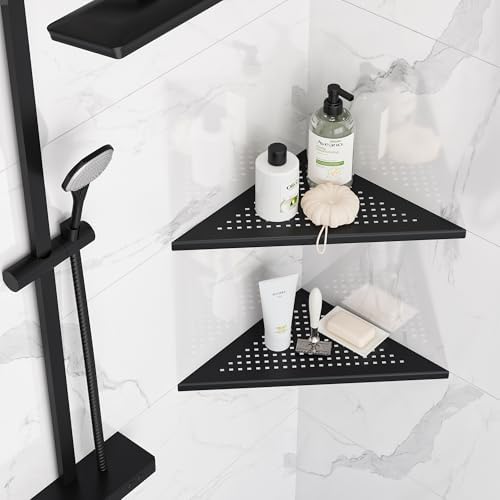 Neodrain 12" Matte Black Corner Wall Shelf with Quadrato Grate, Set of 2