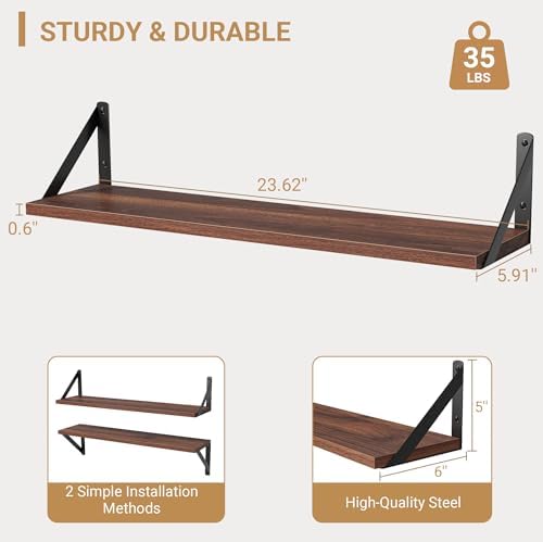 Heimlove Floating Shelves for Wall, 24 Inch Long Wood Floating Shelves Set of 3, Wall Mounted Hanging Shelf for Bathroom