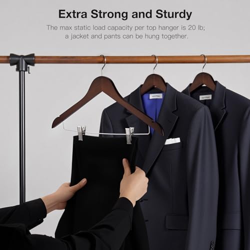 Wooden Hangers with Clips 24 PCS Pant Hangers with Clips,Smooth Solid Wooden Pants Hangers,360 Swivel Hooks & Adjustable Clips,for Jeans,Skirt,Suit,Shorts,Scarf.（Walnut）