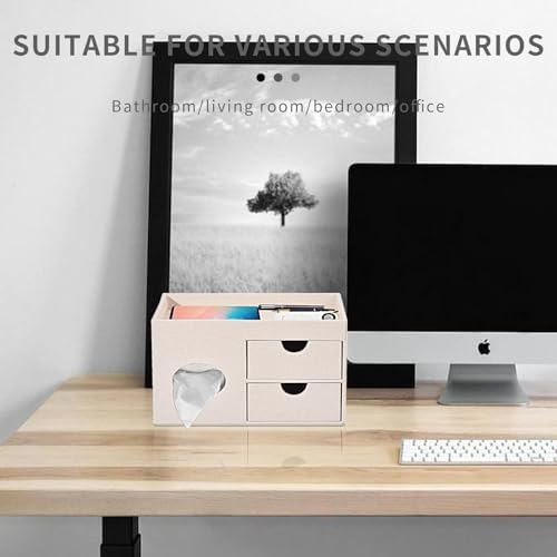 Square Tissue Box Cover with Drawers,Tissue Box Holder with Storage Tray,​ Makeup Organizer and Desk Organizer,Tissue Ho