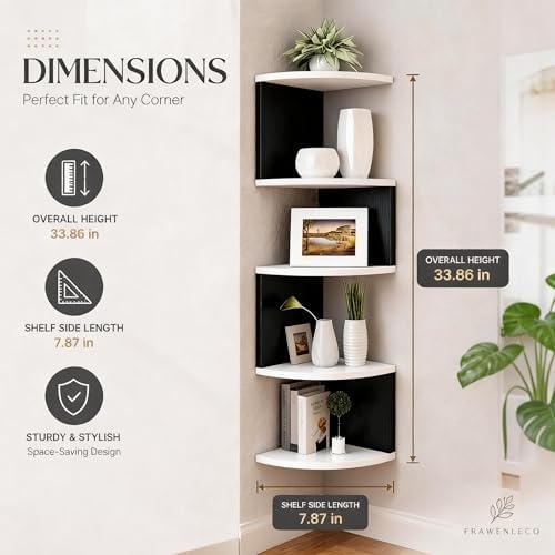 No-Drill Corner Shelf Wall Mount, 5-Tier Floating Corner Bookshelf with Hooks, Space-Saving Zigzag Plant Shelf for Bedro