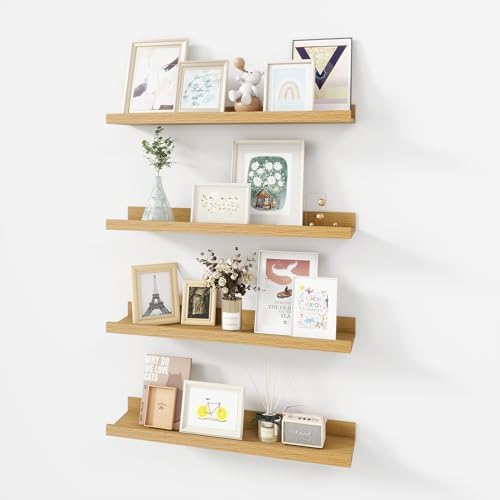 Acovy Picture Ledge Shelf, Wood Floating Shelves Set of 4, 24 inch Picture Ledge Shelves, Photo Ledge Nursery Book Shelves Wall Mounted for Living Room Kids' Room Bedroom, Color Oak