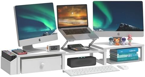 LAND·VOI Heavy Duty Dual Monitor Stand, Holds 2 Screens Up to 27 Inches, Adjustable Length and Angle Monitor Riser, Desk