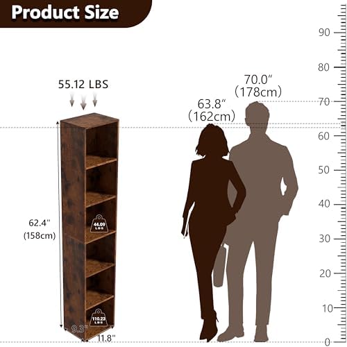 6-Tier Wooden Cube Storage Organizer, 62 Inch Tall Bookcase & Display Shelf with 6 Open Cubes, Freestanding DIY Closet S
