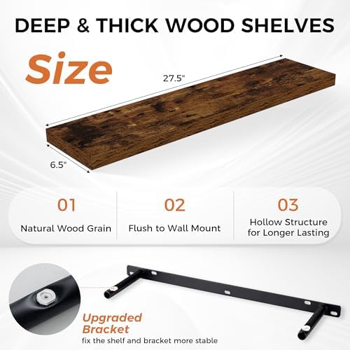 Fun Memories 27.5 Inch Deep Floating Shelves, Set of 2 Heavy Duty Wall Mounted Shelves with Invisible Brackets, Large Ru