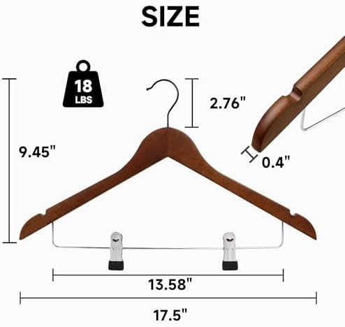 Wooden Hangers with Adjustable Metal Clips, 24-Pack, Walnut