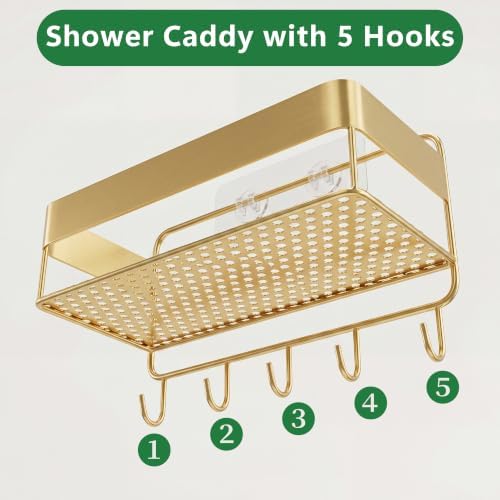 Gold Bathroom Wall Mount Floating Shelf 2 Pack, No Drilling Shower Organizer Rack with Hooks, Rustproof Metal Bathroom S