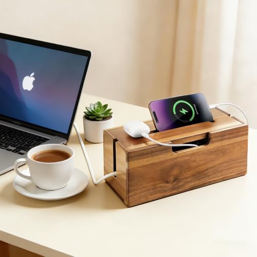 Acacia Cable Management Box, Cord Hider Organizer with Phone Stand, 12" L Cord Box for Power Strip, TV Wires & Desk Cabl