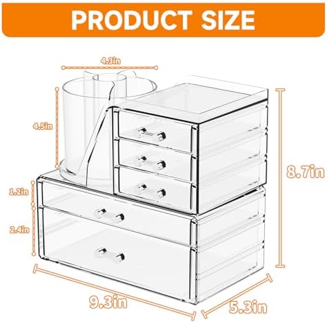 Clear Acrylic Makeup Organizers for Vanity,Countertop,3 Pack Make up Drawer Organizer With Makeup Brush Holder,Plastic S