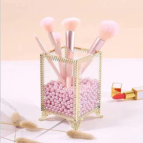 HKS Makeup Brush Holder Vintage Glass Handmade Organizer with Pink Pearls for Nail Brush, Vanity, Bathroom, Dresser, Cou