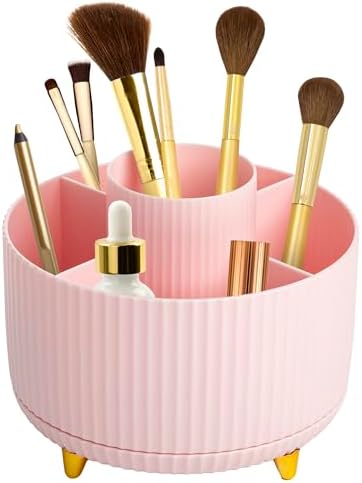 Paris Hilton 360° Rotating Makeup Brush Holder, Fluted Design with 5 Compartments, Glam Organizer for Brushes & Tools, P