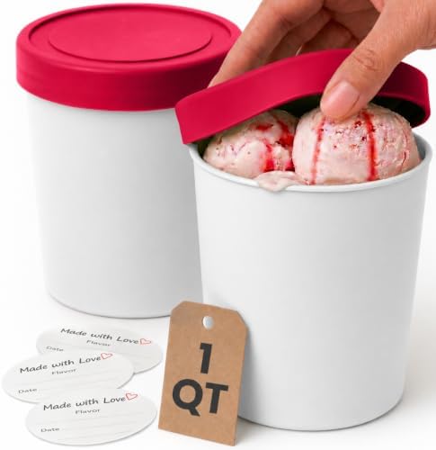 StarPack Freeze The Day Homemade Ice Cream Containers (2-Pack, 1 Quart) - Airtight Silicone Lids, BPA-Free Reusable Polypropylene Freezer Containers with Dry Erase Pen and Labels, Red and White