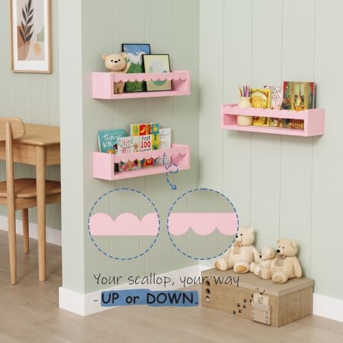 Pink Scalloped Nursery Floating Shelves, Kids Book Shelf Wall Mounted