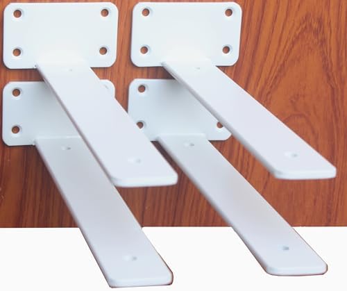 4 Pack - 8 inch White Hidden L Shelf Bracket (1/5 Inch Thicked) Iron Floating Shelf Brackets Rustic Industrial Metal Bra