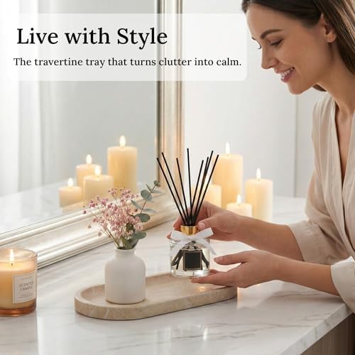 Travertine Vanity Tray for Bathroom Counter, 10"x5" Natural Marble Tray, Hand Polished, Perfume Organizer with Non-Slip 
