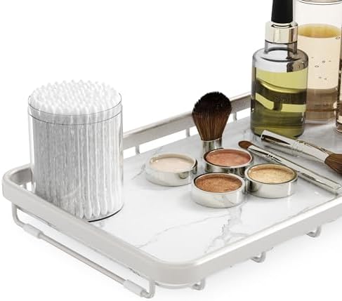 Counter Organizer for Bathroom, Kitchen or Coffee Bar, Metal Shelf with Faux Marble, Vanity Countertop Makeup Storage, D