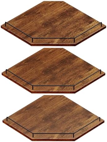 JJL Corner Shelf Wall Mounted, 12 Inches 3-Tier Floating Corner Shelf, Hexagon Rustic Wood Decor with Fence, Brown Stora