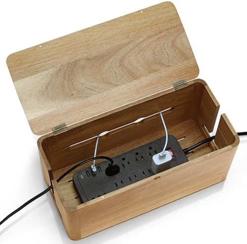 Large Acacia Wood Cable Management Box, Magnetic Lid, Cable Organizer