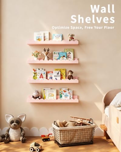 Shario Nursery Book Shelves, 4-Pack White Floating Shelves for Wall Kids, Scalloped Shelves, Wall Book Shelves for Bedro