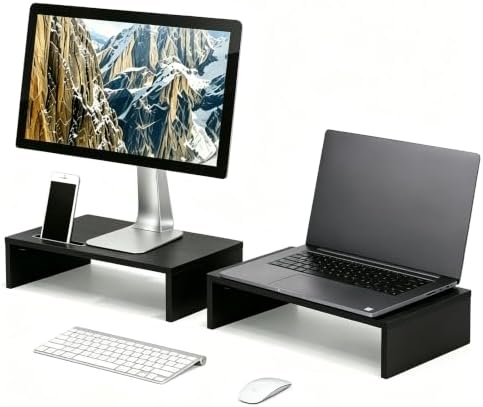 Wood Computer Monitor Stand Riser 16 inch Desktop Stand, Speaker TV Laptop Printer Stand Workspace Organizer (Black-2pac