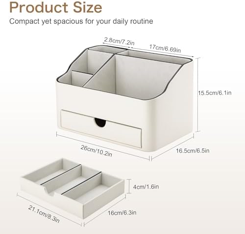 KINGFOM PU Leather Makeup Organizer with Drawer, Skincare Organizer for Vanity, Cosmetic Storage for Dresser Countertop,