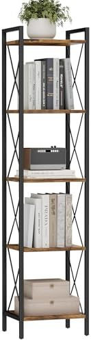 Homhedy 5 Tier Small Bookshelf, Tall Narrow Bookcase, Metal Book Shelf