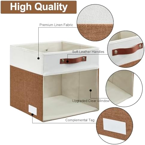 Bagnizer Storage Cubes, 4 Pack Linen Foldable Storage Bins (13 x 13 inch) with Clear Window and Handles, Fabric Organizer for Shelf Closet, Clothes, Books - (Brown and White)