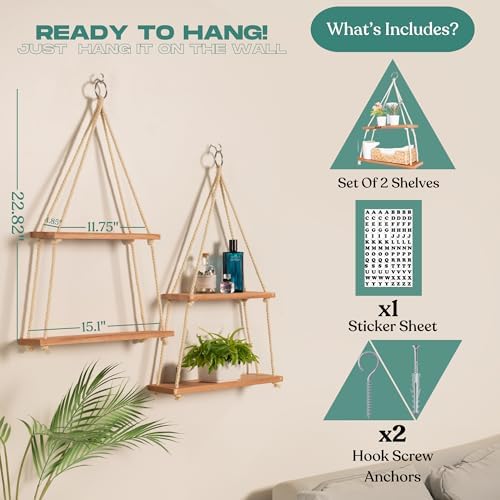 Hanging Shelves for Wall, Living Room, Bedroom - Boho Room Decor Aesthetic - Hanging Plant Shelf Decor - Floating Shelve