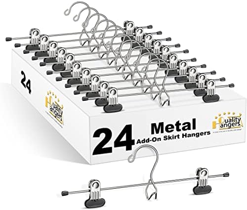 24 Quality Pants Hangers Heavy Duty Add-on Skirt/Slack Metal Hanger, Extra Wide Adjustable Clips, Multi Stackable Add on Hangers, Chrome, Jeans, Bottoms (24)