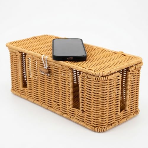 Rattan Cable Management Box, Woven Cord Organizer and Cord Hider with Lid to Hide Power Strips, Aesthetic Wire Hider for