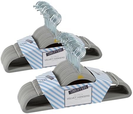 Simplify 50 Pack Kids Velvet Hangers | Slim | Non-Slip Design | Space Saving | Childrens Clothes | Shirts | Pants | Dresses | Baby Nursery | Closet Storage & Organization | Light Grey