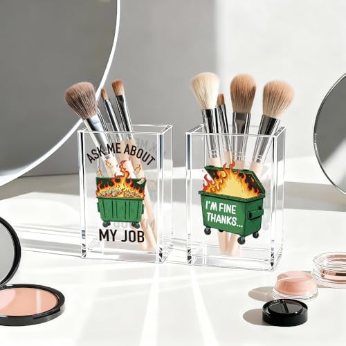 Ask Me About My Job I'm Fine Thanks Acrylic Pencil Pen Holder Cup Set 2, Funny Pencil Holder Desk Organizer, Dumpster Fire Desk Accessories, Sarcastic Office Gifts for Women Men Teacher Coworker
