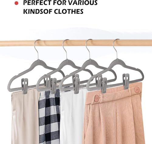 Tinfol Gray Velvet Hanger Clips, 80 Pack Pants Velvet Clips, Large Opening Clothes Pin Hanger Clip, Strong Finger Flocked Clip Perfect for Slim-line Clothes Velvet Hangers