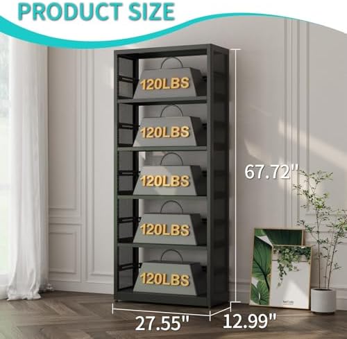 SteeLoong 5 Tier Bookcase, 68" H Metal Bookshelf with 4 Adjustable Shelves