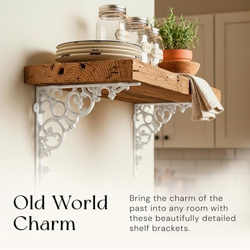NACH Decorative Metal Shelf Brackets Set of 4, Antique White Cast Iron Shelf Brackets for Wood Shelves, Vintage Victoria