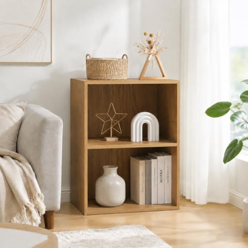 POWERSTONE 2 Tier Bookshelf, Cube Open Bookcase Home Office, Natural