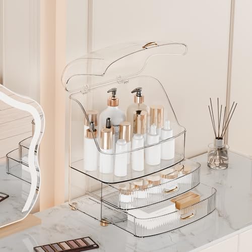 Makeup Organizer Countertop Vanity with Transparent Lid Drawers Waterproof Dustproof Cosmetic Skincare Bathroom Storage 