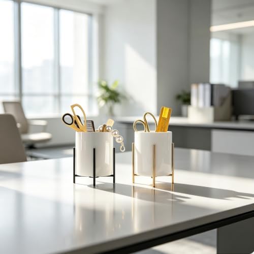 Black Pencil Cup Sturdy Metal Frame with White Ceramic Pen Holder For Desks and Kitchen Appliance holders