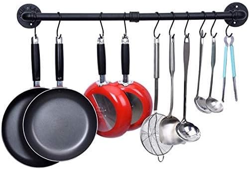 WuGeShop 38 Inch Pot Rack Hanging, Pot Rack Wall Mounted with 10 S Hooks, Kitchen Lids Utensil Spatula Hanger Organizer, Black