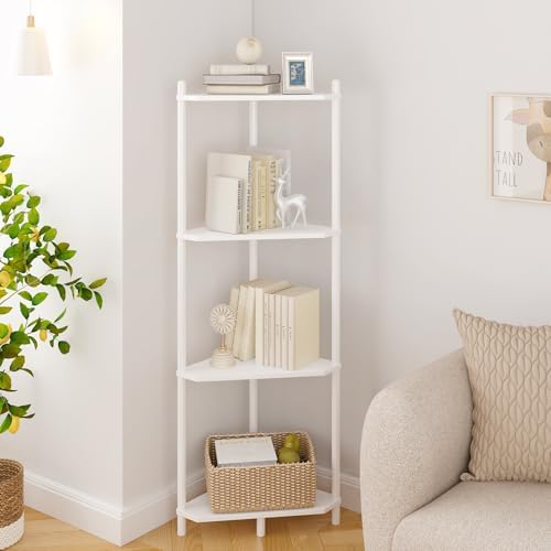 Wisuce White Small Corner Shelf Stand, 4-Tier Bamboo Corner Bookshelf