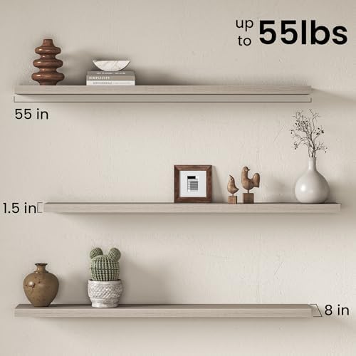 55" Floating Shelves for Wall, Set of 2, 8" Deep, 1.5" Thick, Gray