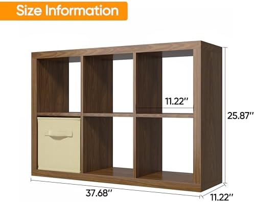 furtble Bookshelf with Storage Bin, 6-Cube Storage Organizer, Modern Wood Open Bookcase, Multifunctional Display Shelf f