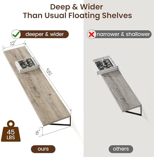 Axeman 12 Inch Deep Floating Shelves for Wall - 55 Inch Wide x 12 Inch Deep Wall Shelves Set of 2 - Rustic Grey Wood Flo