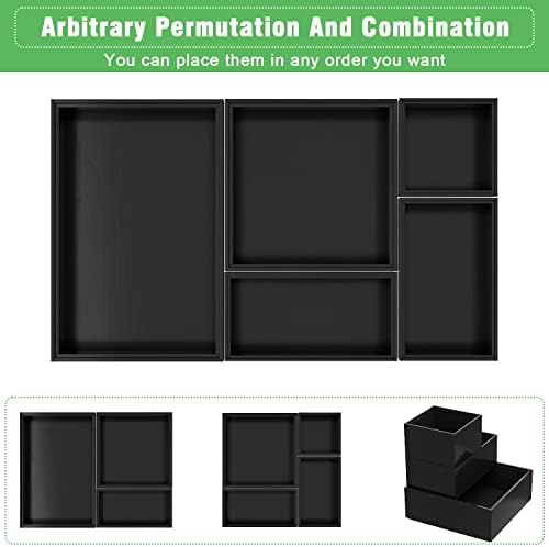 Black Bamboo Bathroom Drawer Organizer, Wooden Kitchen Utensil Holder Set of 5, Stackable Junk Drawer Organizer Tray, Mu