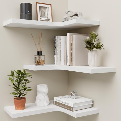 Corner Floating Shelves for Wall Mounted L-Shaped Wood Corner Wall Shelf, Hanging Shelf for Bathroom, Bedroom, Kitchen, 